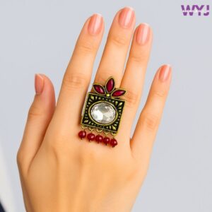 Antique Gold-Plated Red Stone Mirror Ring | Adjustable Ethnic Statement Ring