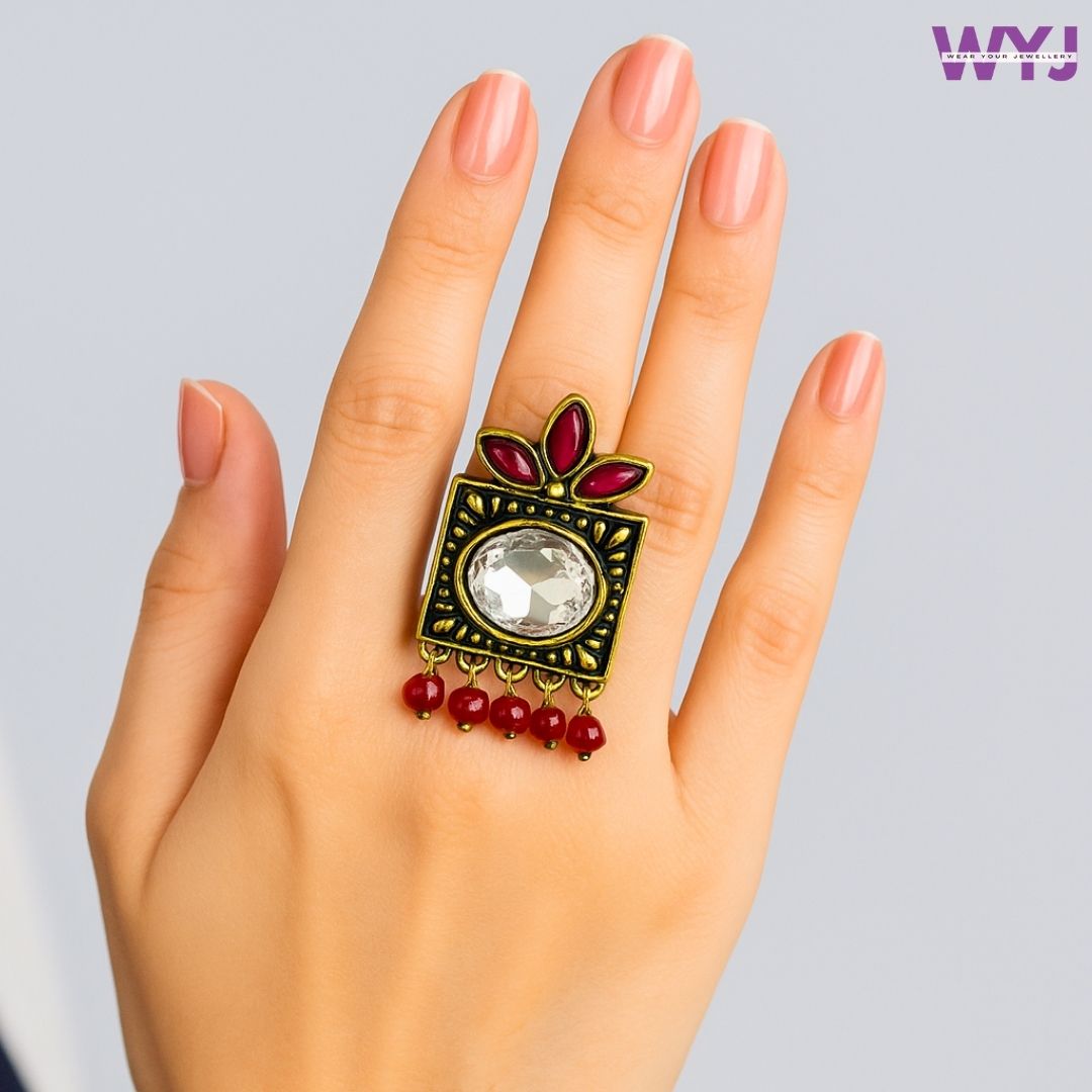 Antique Gold-Plated Red Stone Mirror Ring | Adjustable Ethnic Statement Ring