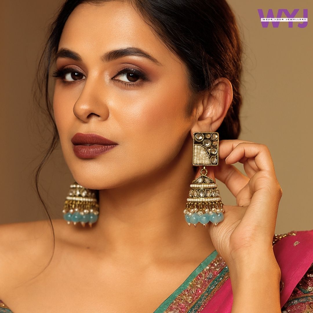 Antique Gold Jhumka Earrings with Kundan, Pearls & Pink Beads