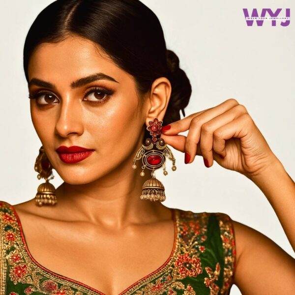 Antique Gold Peacock Jhumka with Colorful Stones and Pearl Danglers