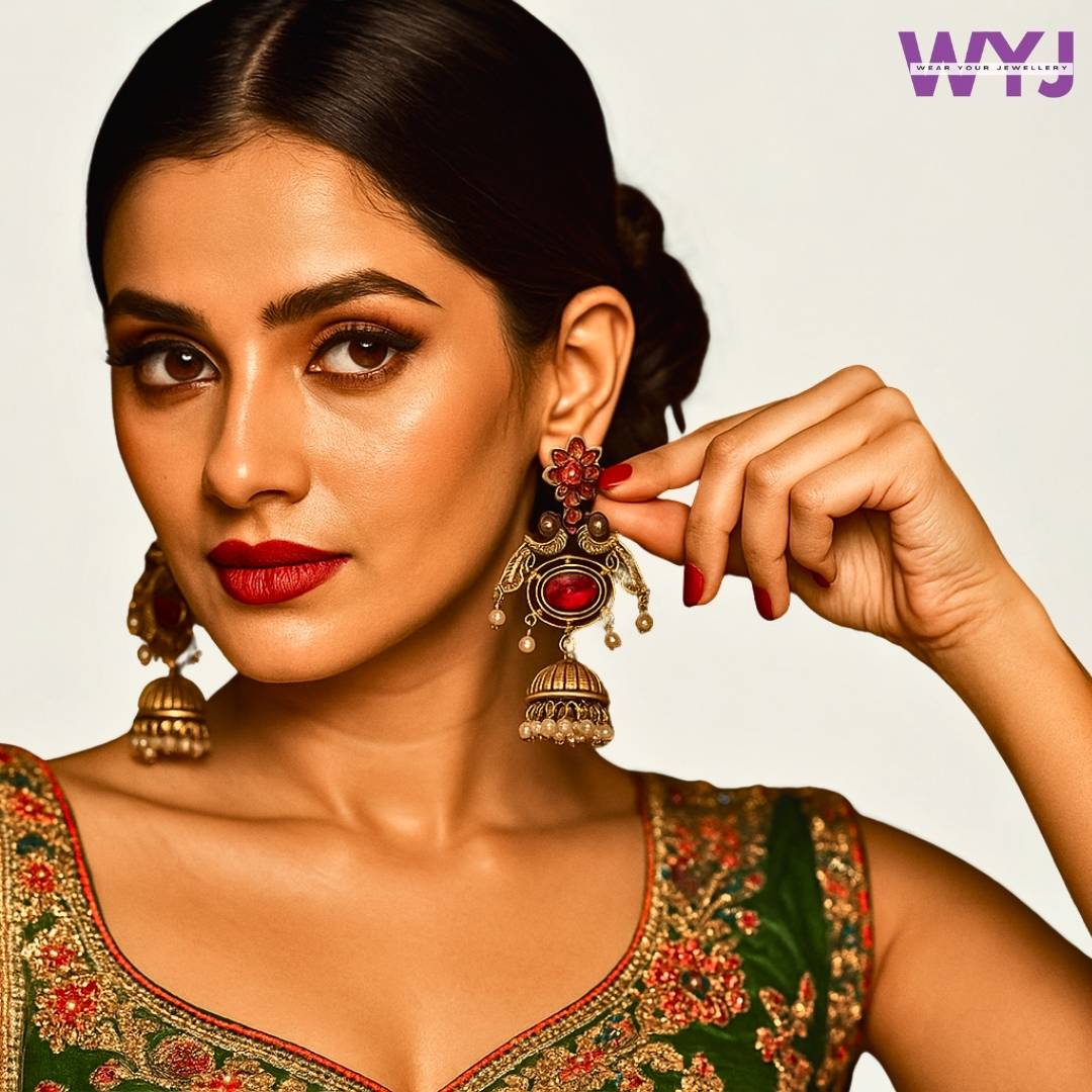 Antique Gold Peacock Jhumka with Colorful Stones and Pearl Danglers
