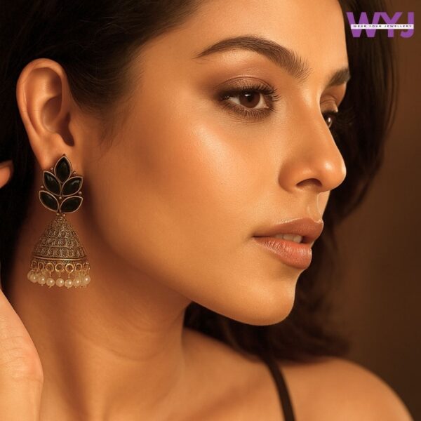 Antique Gold Jhumka Earrings with Colored Stones