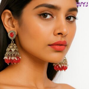 Antique Dome Kundan Jhumka Earrings with Bead & Pearl Detailing