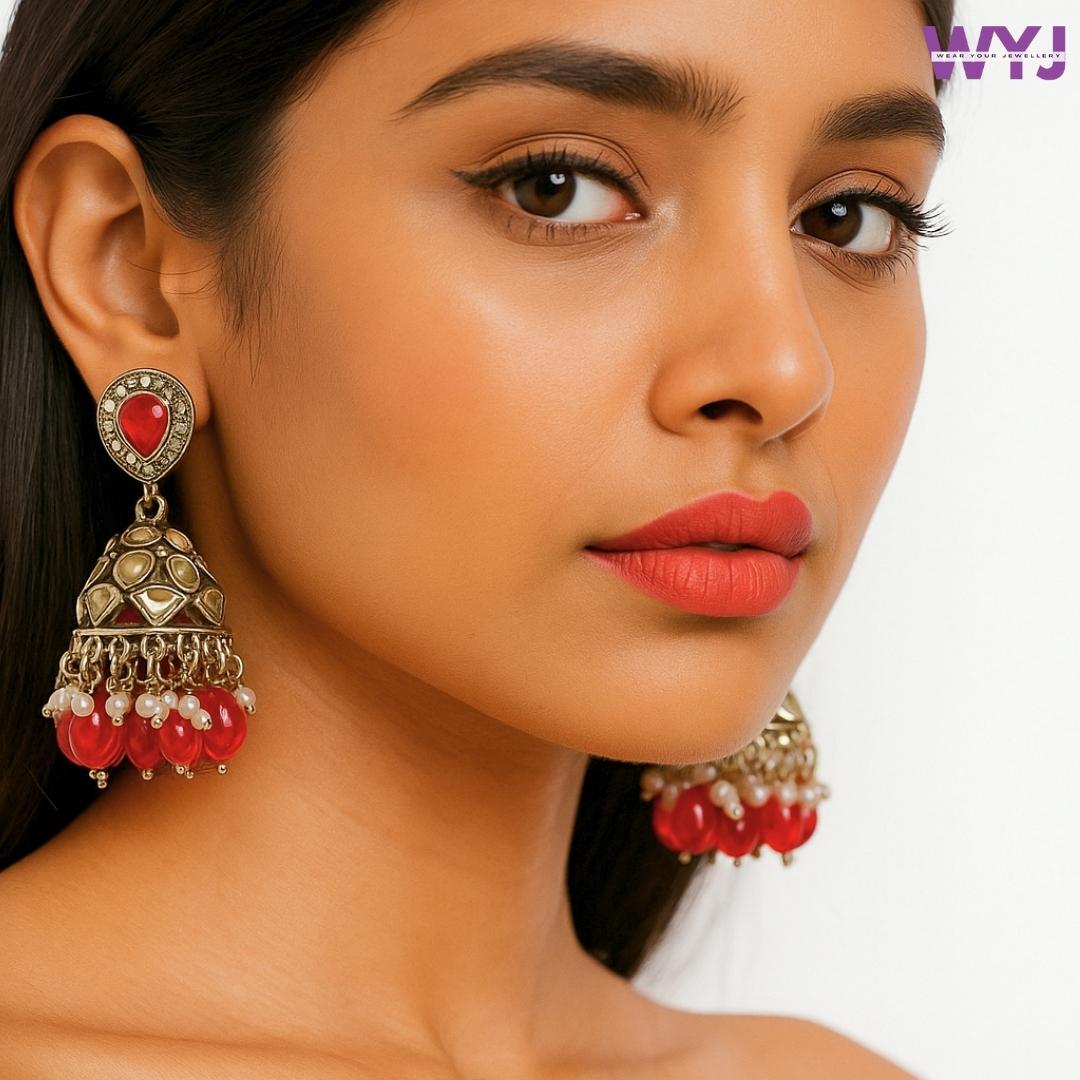 Antique Dome Kundan Jhumka Earrings with Bead & Pearl Detailing