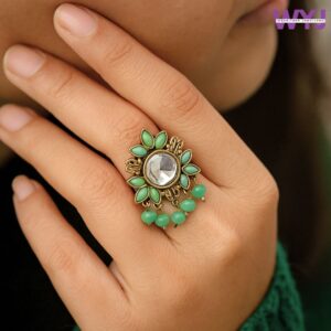 Antique Gold-Plated Green Floral Mirror Ring | Adjustable Statement Jewelry