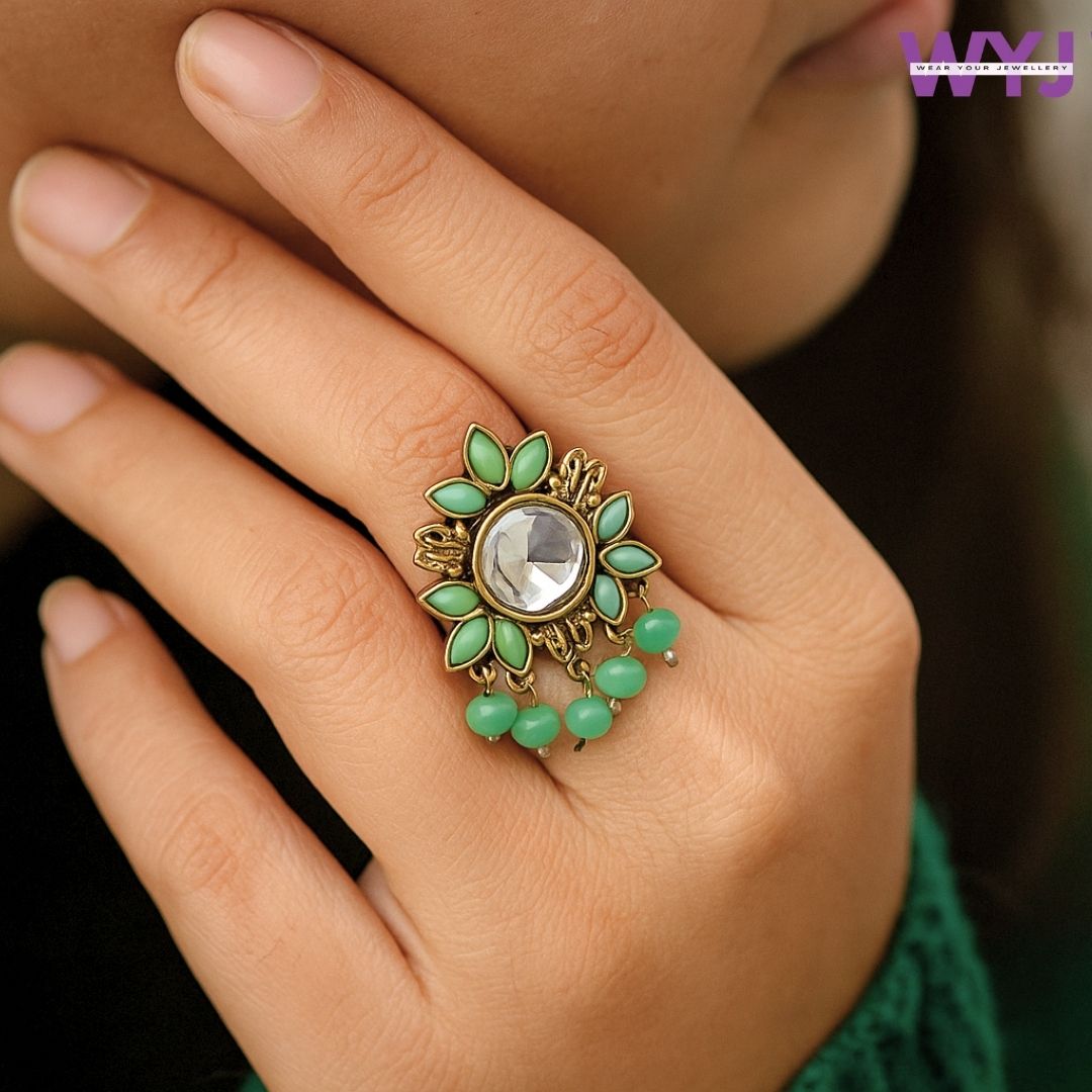 Antique Gold-Plated Green Floral Mirror Ring | Adjustable Statement Jewelry