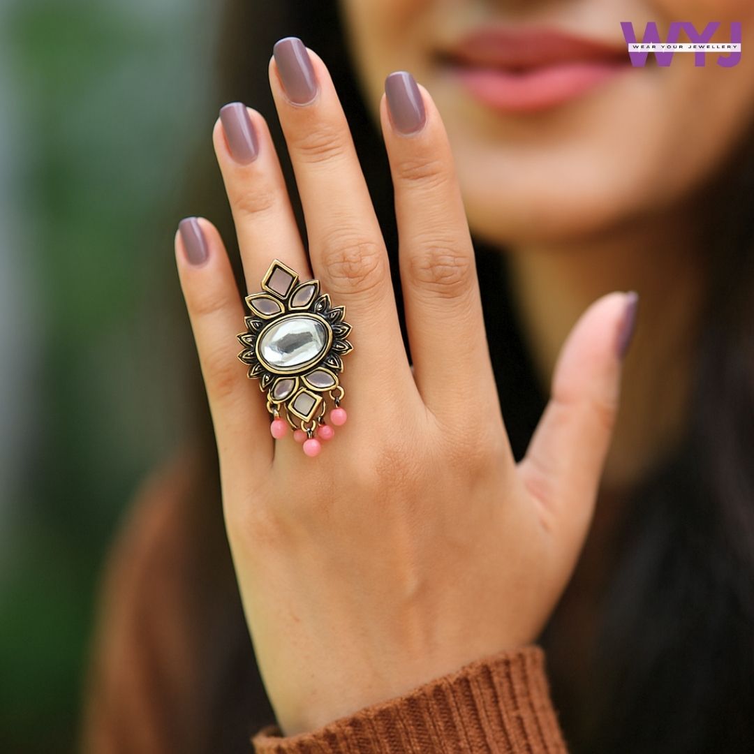 Antique Gold-Plated Pink Stone Mirror Ring | Adjustable Ethnic Statement Jewelry