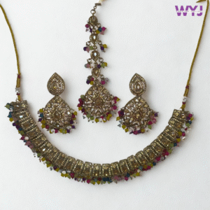 Antique Kundan Necklace Set with Earrings & Maang Tikka