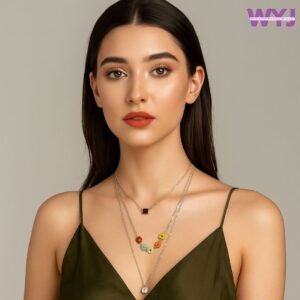 Silver Multi-Layered Chain Necklace with Colorful Floral Charm | WYJ
