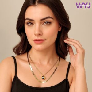 Black‑Gold Herringbone Layered Necklace with Dome Pendant | Two‑Layer Stack