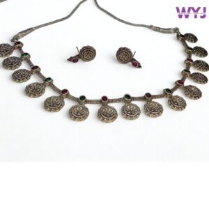 Antique Oxidised Coin Necklace Set with Earrings