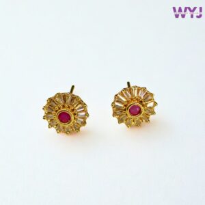 Gold-Plated Stud Earrings with Ruby Red Stone & CZ Baguettes