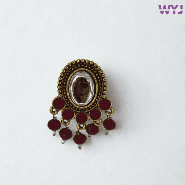 Antique Gold-Plated Oval Mirror Ring with Ruby Red Stones & Beads | Adjustable Festive Ring