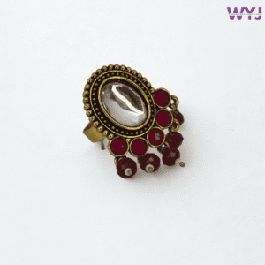 Antique Gold-Plated Oval Mirror Ring with Ruby Red Stones & Beads | Adjustable Festive Ring