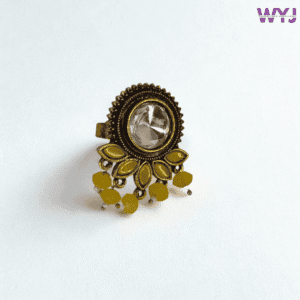 Antique Gold-Plated Mirror Ring with Yellow Beads | Statement Ethnic Jewelry