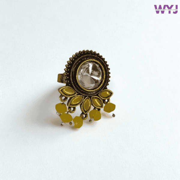 Antique Gold-Plated Mirror Ring with Yellow Beads | Statement Ethnic Jewelry