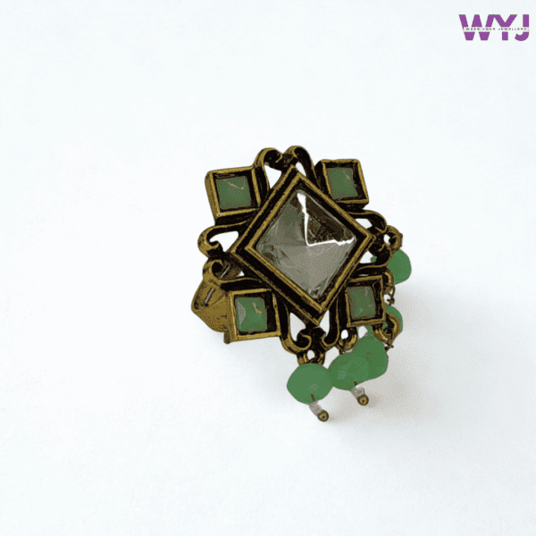 Antique Green Stone Ring with Square Crystal Centerpiece