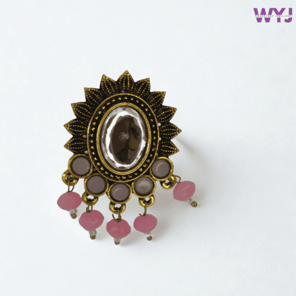 Antique Pink Bead Adjustable Ring with Oval Crystal Centerpiece