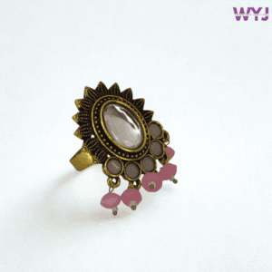 Antique Pink Bead Adjustable Ring with Oval Crystal Centerpiece