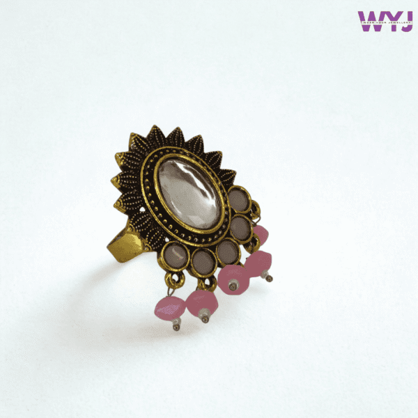 Antique Pink Bead Adjustable Ring with Oval Crystal Centerpiece