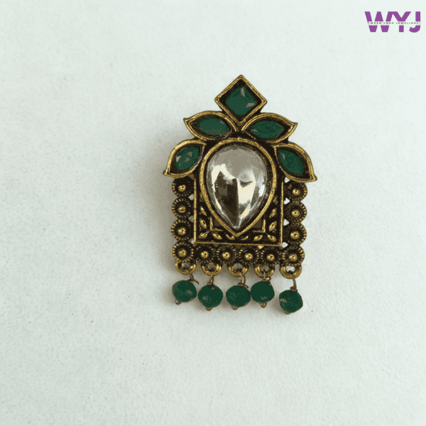 Antique Gold-Plated Teardrop Mirror Ring with Green Stones & Beads | Adjustable Statement Ring