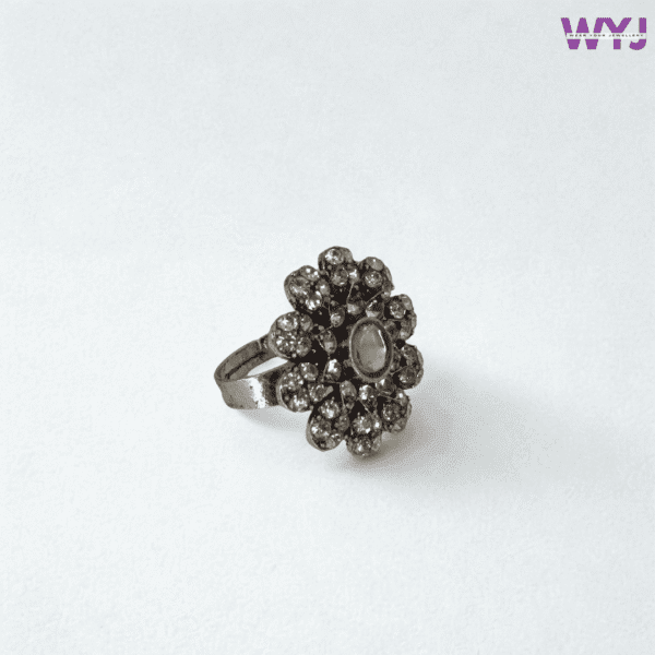 Antique Silver Floral Adjustable Ring with Crystal Stones – WearYourJewellery