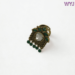 Antique Gold-Plated Teardrop Mirror Ring with Green Stones & Beads | Adjustable Statement Ring