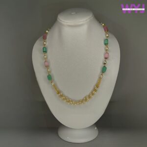 Multi-Color Beaded Pearl Necklace with Gold Chain | Boho Chic Pink, Green & White Beads
