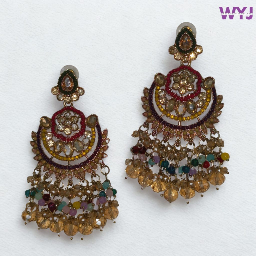 Antique Kundan Chandbali Earrings with Golden Beads & Multicolor Drops