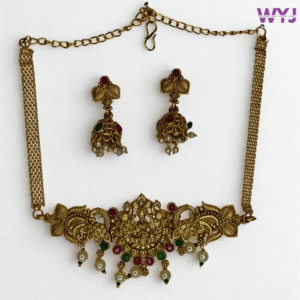 Antique Gold Temple Jewellery Choker Set with Jhumka Earrings – Red & Green Stone Work