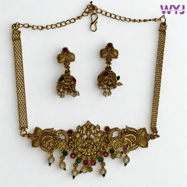 Antique Gold Temple Jewellery Choker Set with Jhumka Earrings – Red & Green Stone Work