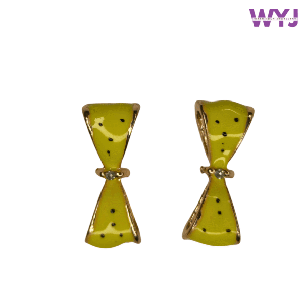 Yellow Bow Stud Earrings – Polka Dot Design with Crystal Center