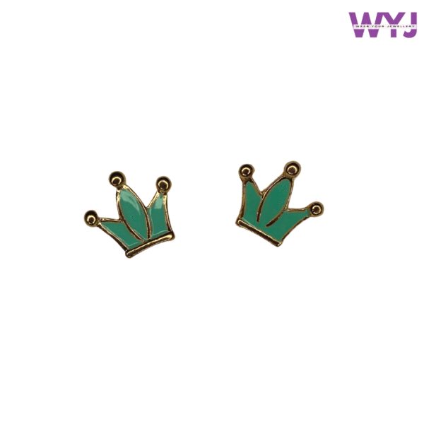 Green Crown Stud Earrings for Women | Cute Enamel Earrings with Gold Detailing
