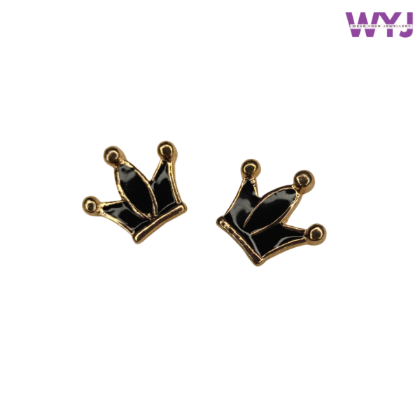 Black Crown Stud Earrings for Women | Cute Enamel Earrings with Gold Detailing