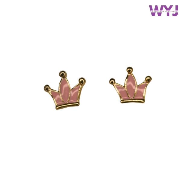 Pink Crown Stud Earrings for Women | Cute Enamel Earrings with Gold Detailing