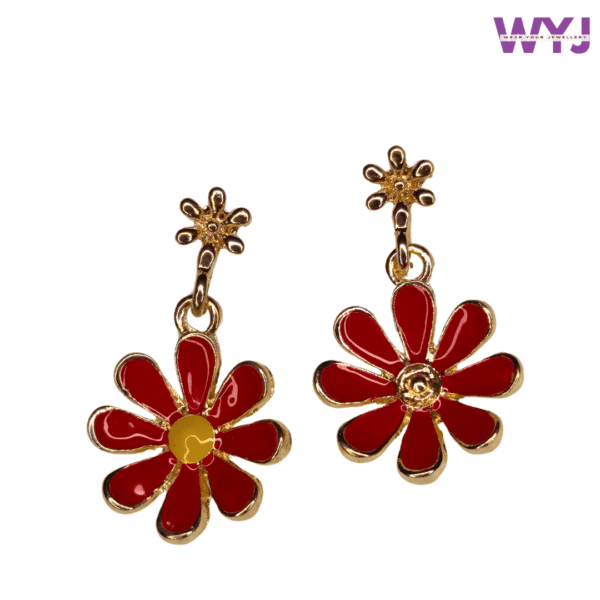 Red Daisy Flower Drop Earrings – Bold Gold-Plated Enamel Jewellery