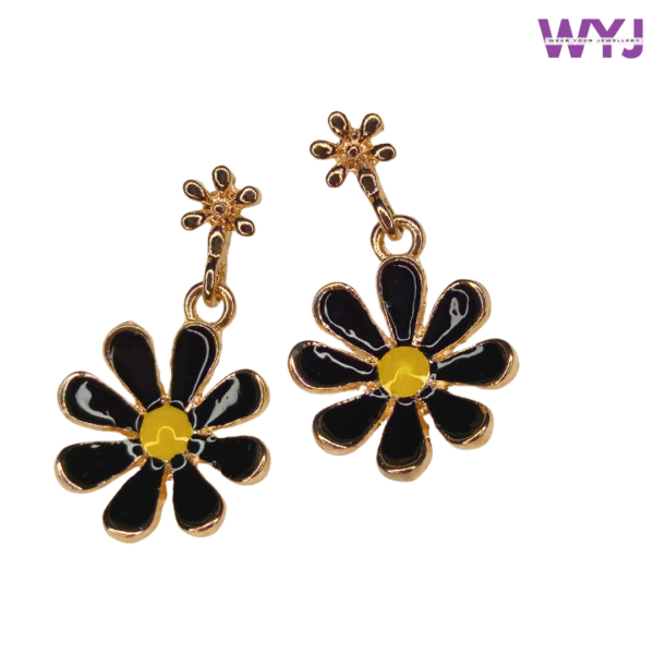 Black Daisy Flower Drop Earrings – Stylish Gold-Plated Enamel Jewellery