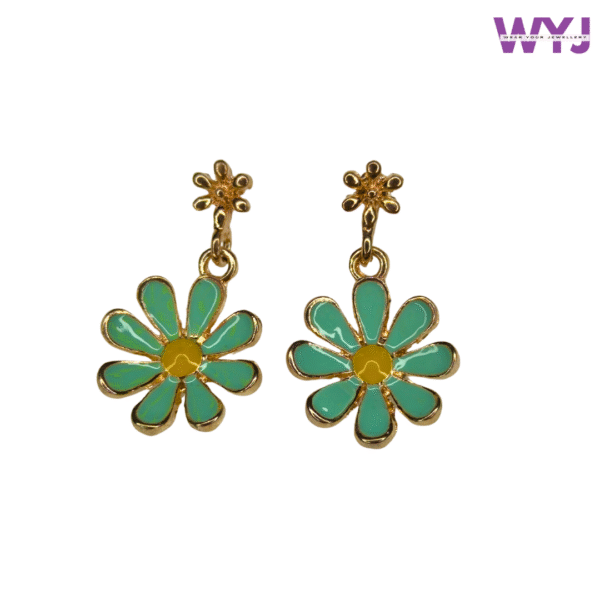 Mint Green Daisy Flower Drop Earrings – Gold-Plated Floral Enamel Jewellery