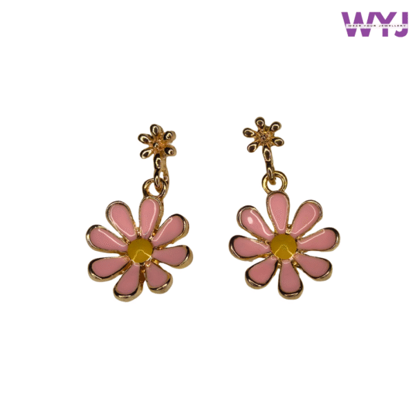 Pink Daisy Flower Drop Earrings – Cute Gold-Plated Enamel Jewellery