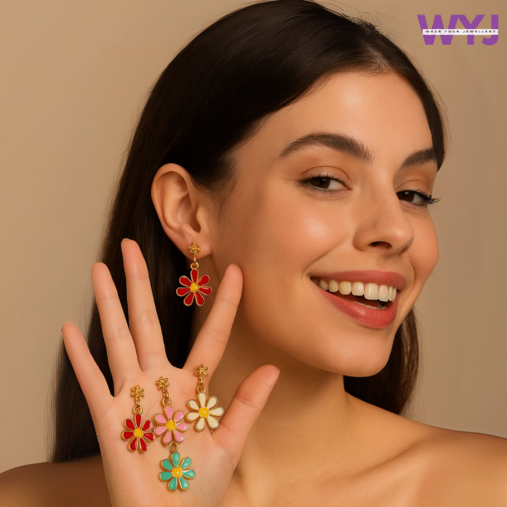Daisy Flower Drop Earrings Gold-Plated Enamel Jewellery in 6 Colours