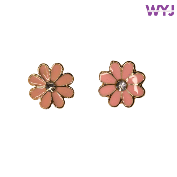 Pink Flower Stud Earrings – Elegant Daisy Design with Crystal Center
