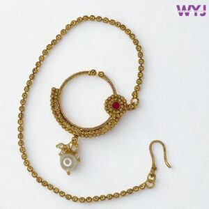 Antique Gold-Plated Nath with Chain & Pearl Drop