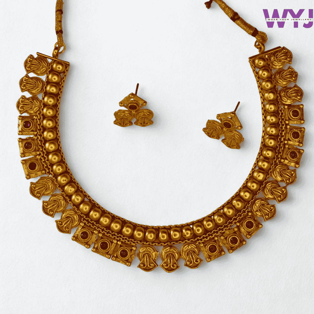 Traditional Antique Gold-Plated Necklace Set with Earrings