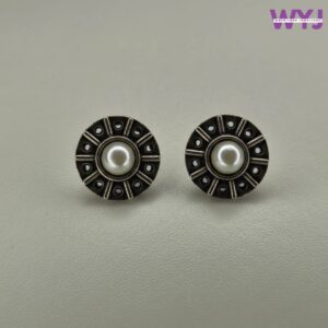 Round Antique Silver Pearl Stud Earrings | Oxidised Vintage Daily Wear Jewellery for Women