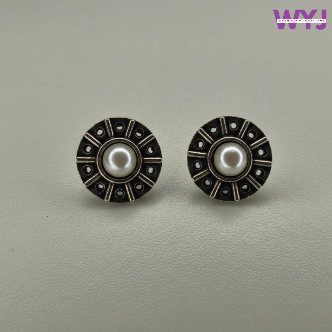 Round Antique Silver Pearl Stud Earrings | Oxidised Vintage Daily Wear Jewellery for Women