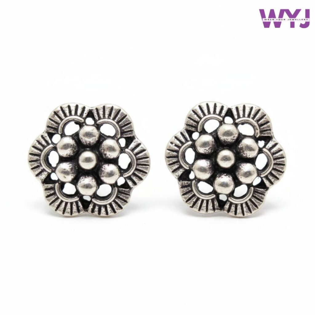 Oxidized Silver Floral Stud Earrings – Women’s Antique Jewelry