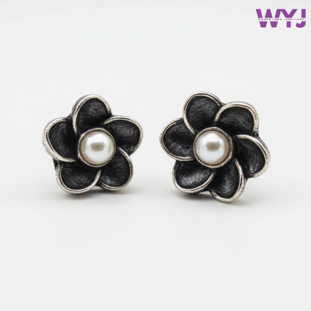 Oxidized Silver Floral Pearl Stud Earrings – Ethnic Jewelry