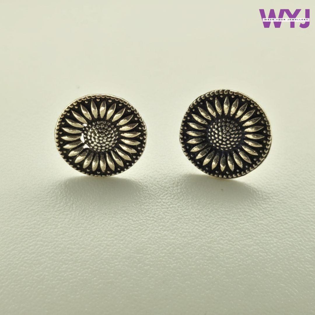 Oxidized Silver Sunflower Stud Earrings – Boho Jewelry