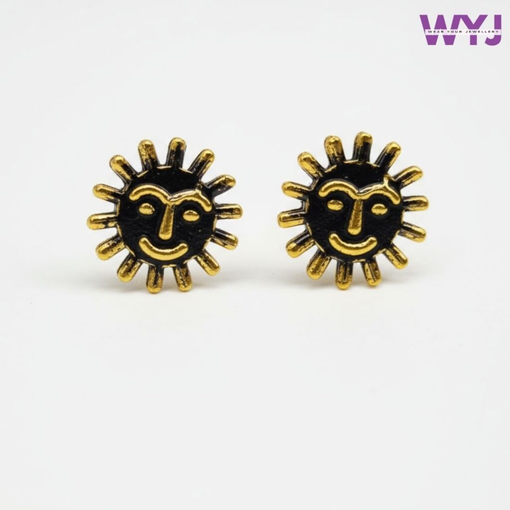 Sun Face Antique Gold Stud Earrings | Oxidised Boho Jewellery for Women & Girls