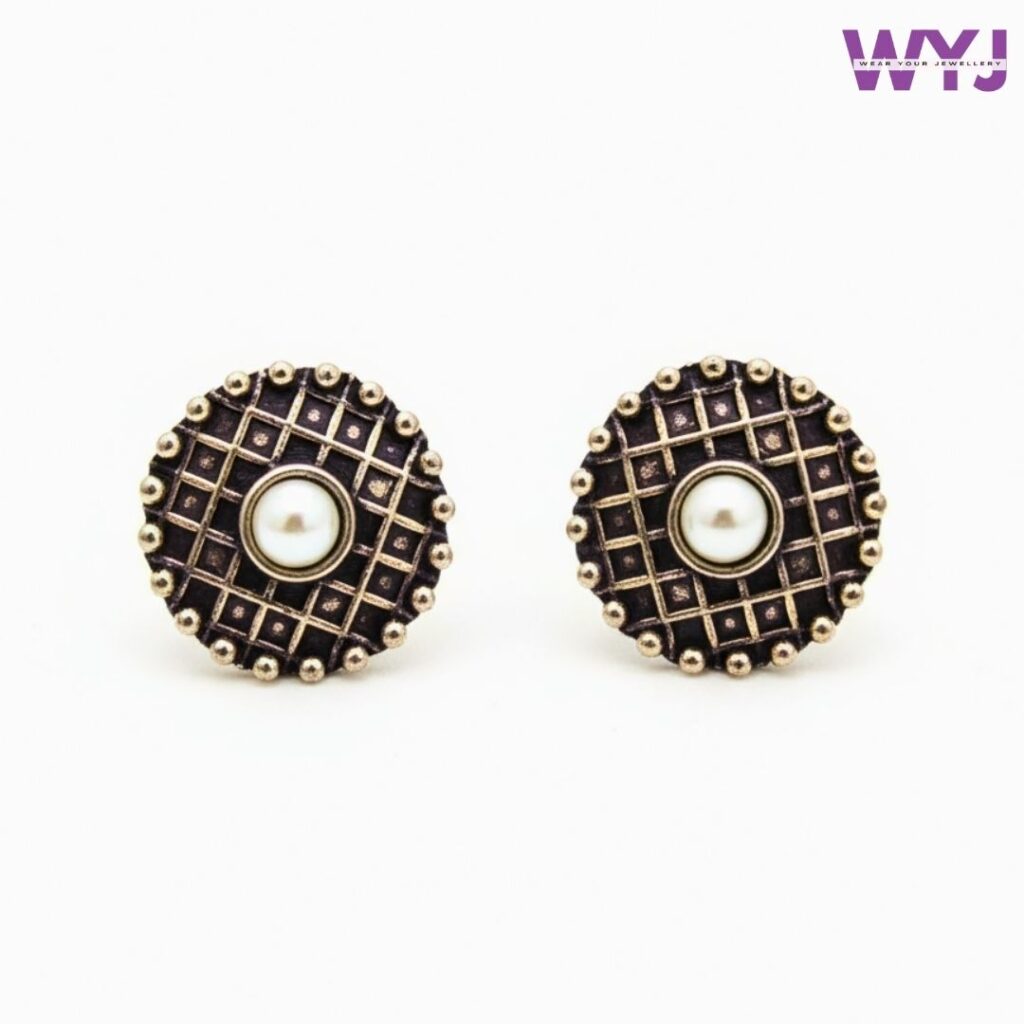 Vintage Pearl Stud Earrings | Antique Silver Plated Jewellery